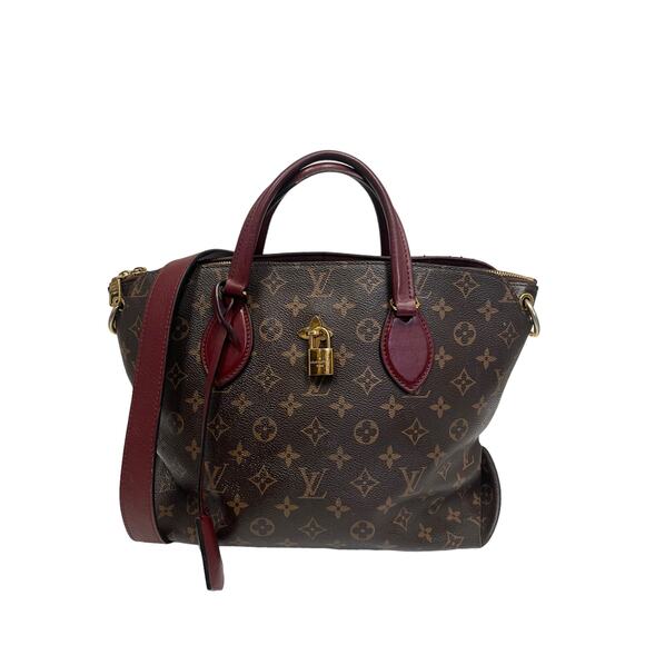 LOUIS VUITTON Brown Leather Canvas Monogram Lock Shoulder Flower Tote Bag - Picture 4 of 16